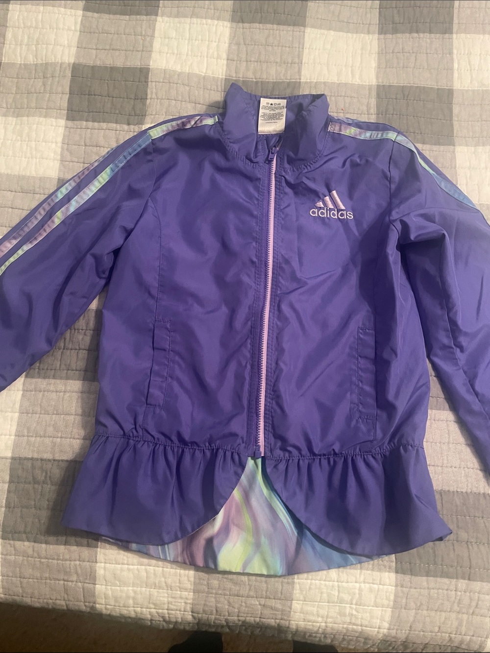 adidas Girls' Purple Zip-Front Rain Jacket with Iridescent Trim